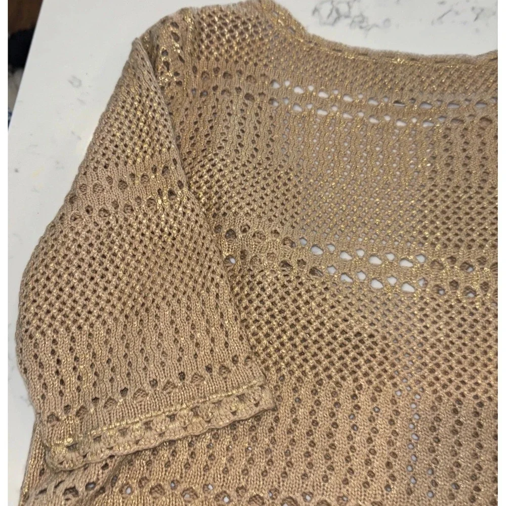 Cache Gold Metallic Short Sleeve Cardigan Size Large 100% Cotton Crochet EUC - Picture 6 of 7